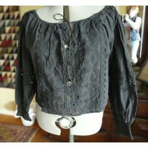 Jennifer & Grace Black Peasant Blouse Crop Top Eyelet Lace Crochet Inserts XL